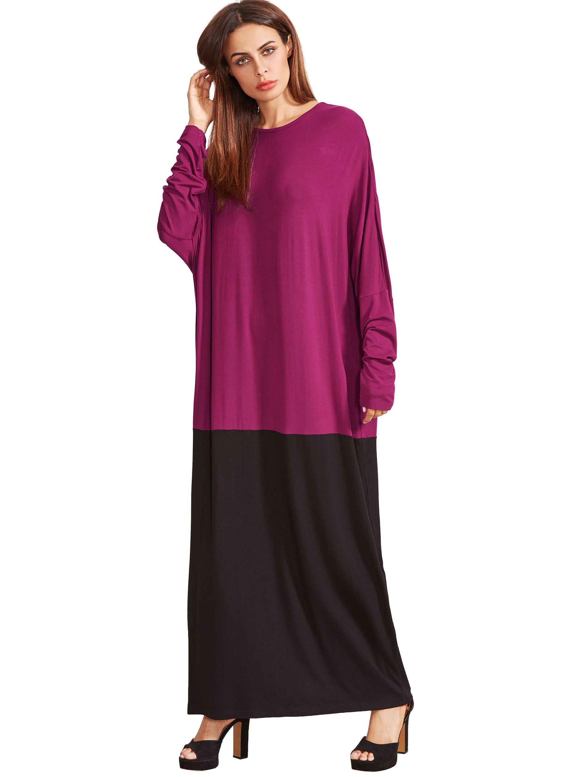 Color Block Round Neck Long Sleeve Maxi Dress