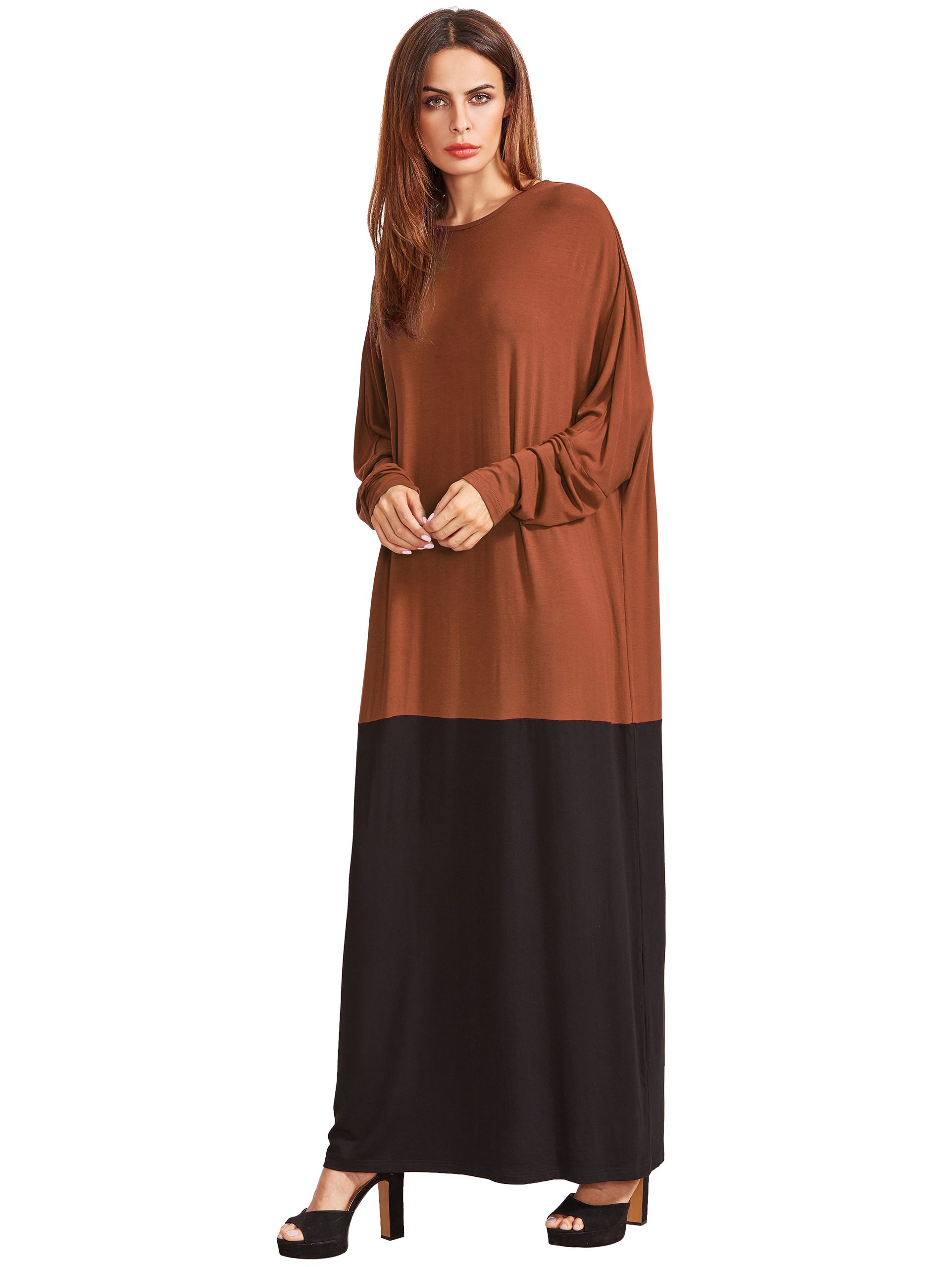 Color Block Round Neck Long Sleeve Maxi Dress