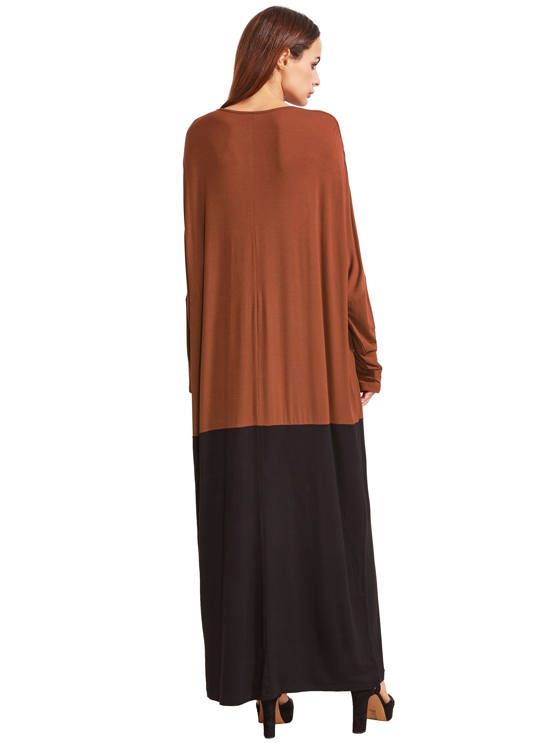 Color Block Round Neck Long Sleeve Maxi Dress