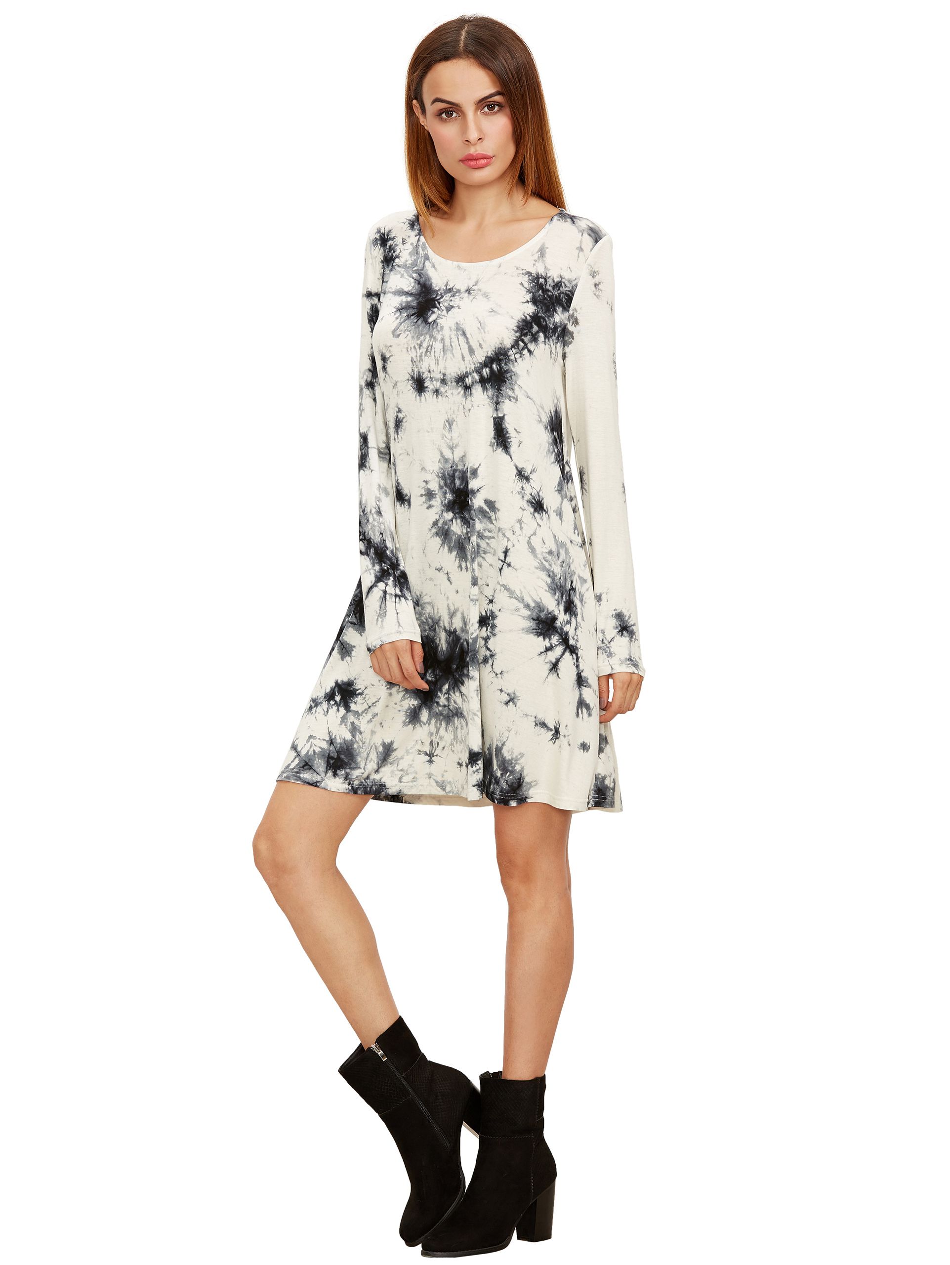 Black And White Ink Print Tie-dye Long Sleeve Dress