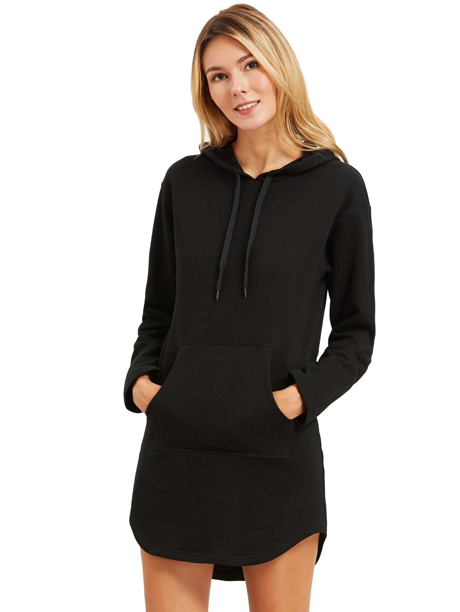 Black Curved Hem Hooded Sweatshirt Dress With Pocket