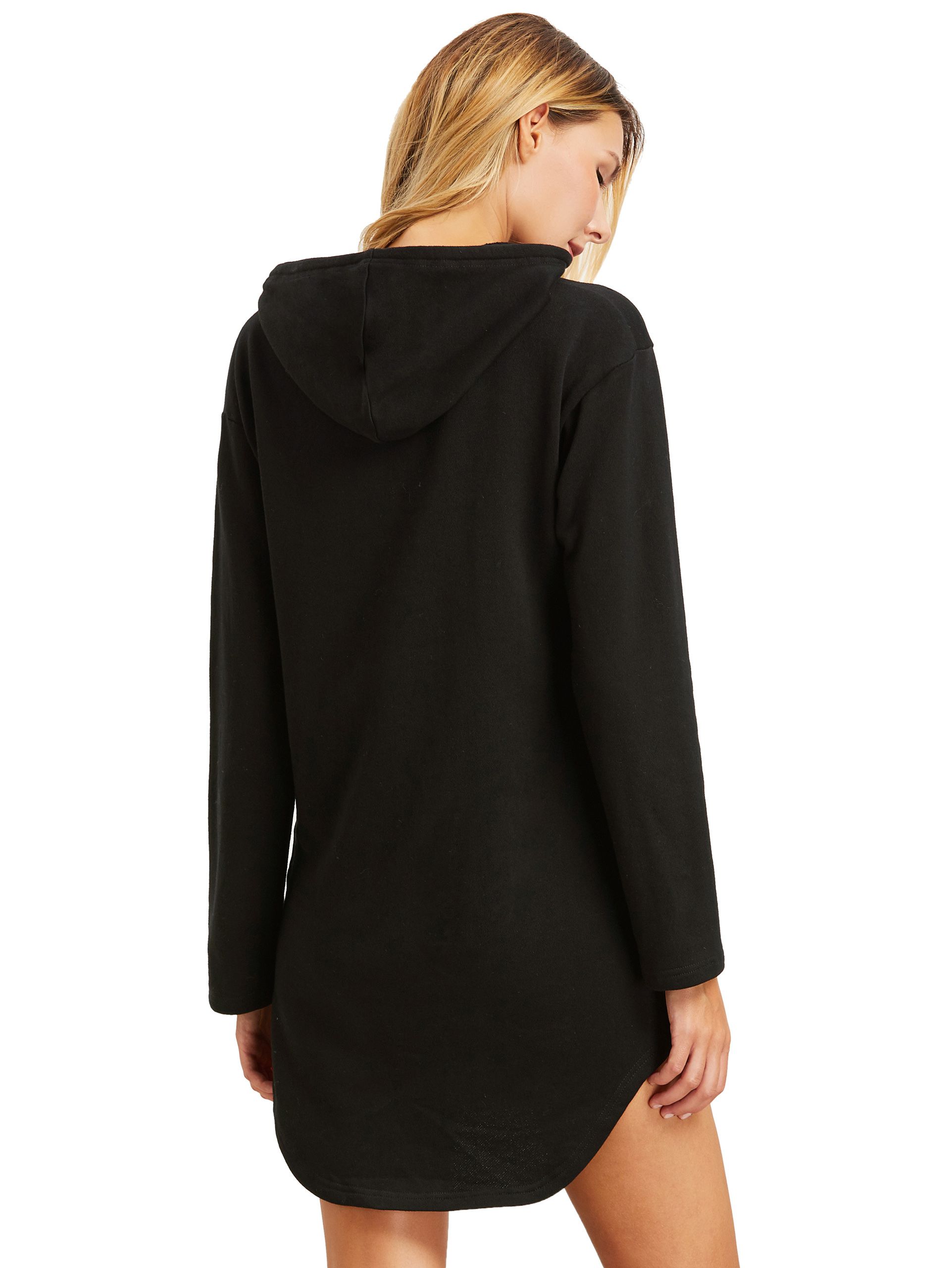 Black Curved Hem Hooded Sweatshirt Dress With Pocket