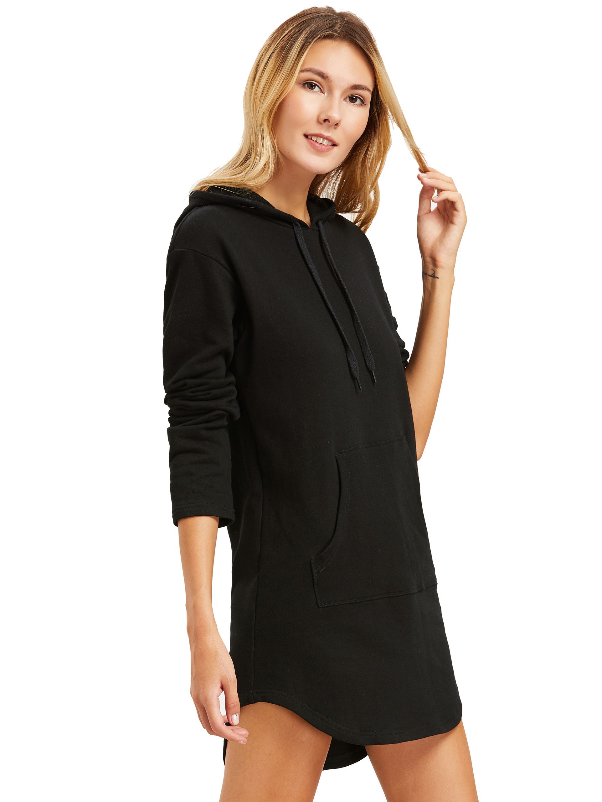 Black Curved Hem Hooded Sweatshirt Dress With Pocket