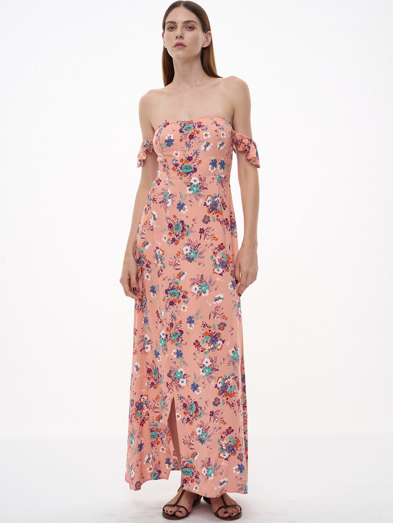 Pink Florals Off The Shoulder Slit Ruffle Dress