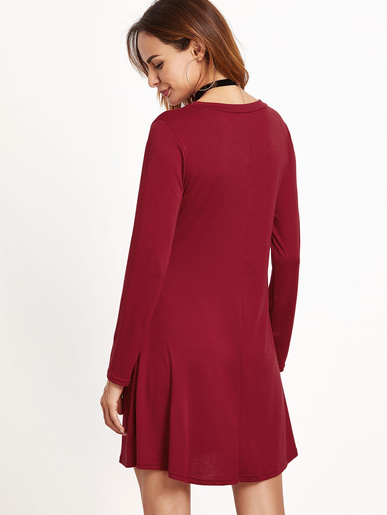 Burgundy V Neck Tee Dress