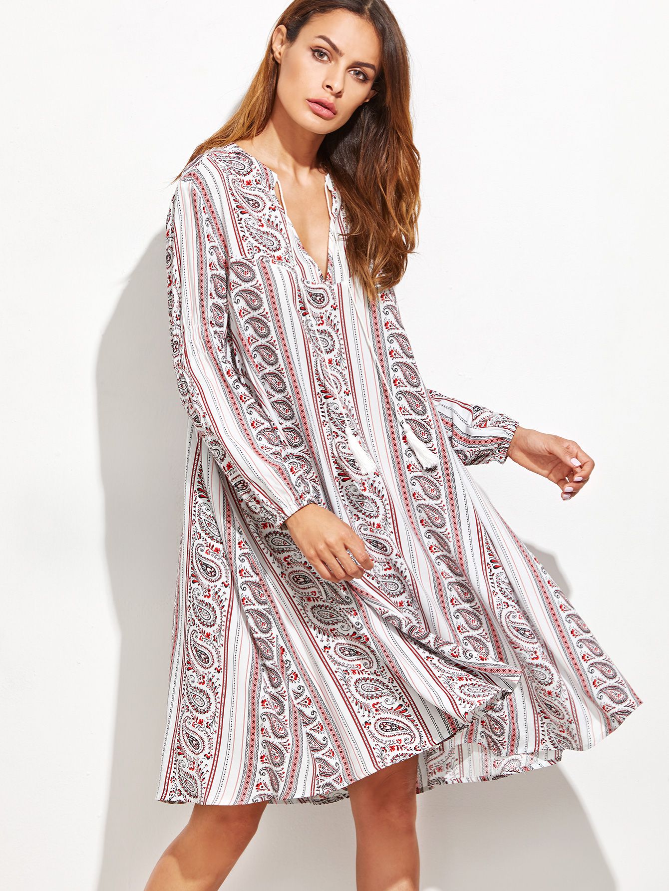 Multicolor Paisley Print V Neck Fringe Detail Dress