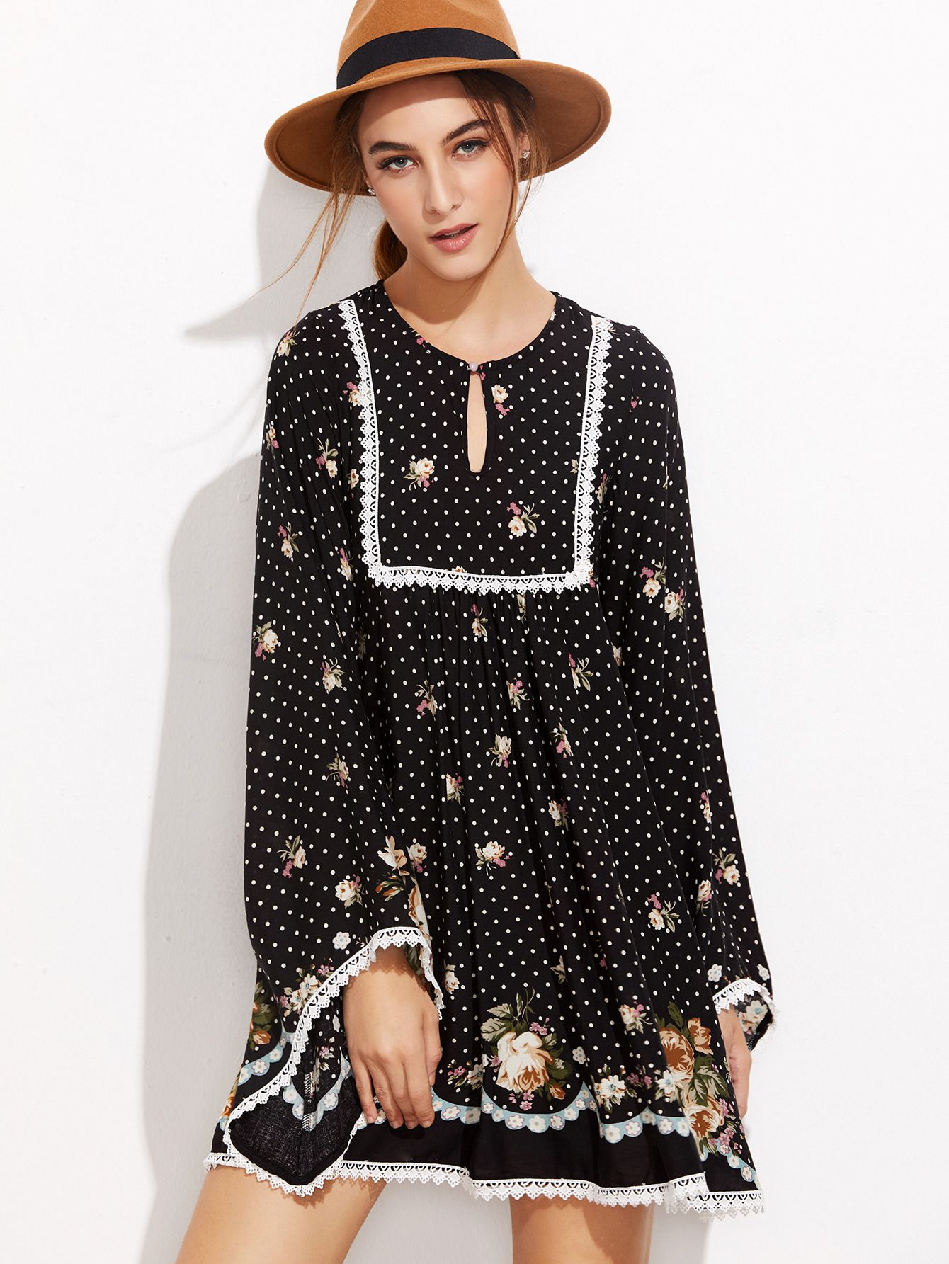 Black Polka Dot And Rose Print Lace Trim Tunic Dress