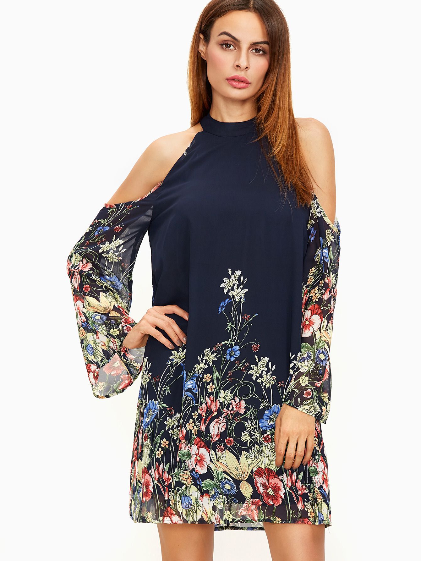 Navy Flower Print Keyhole Halter Neck Cold Shoulder Dress