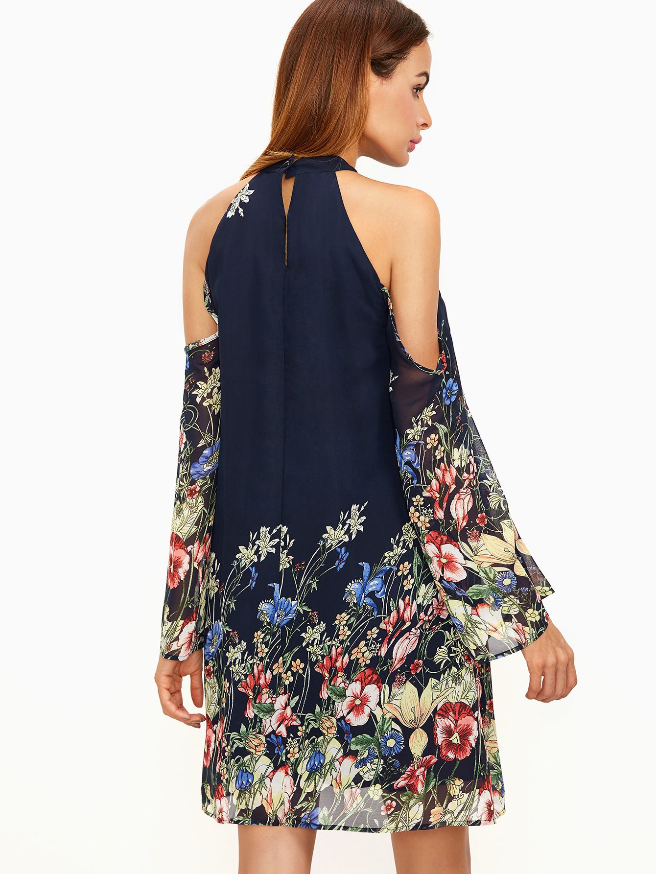 Navy Flower Print Keyhole Halter Neck Cold Shoulder Dress