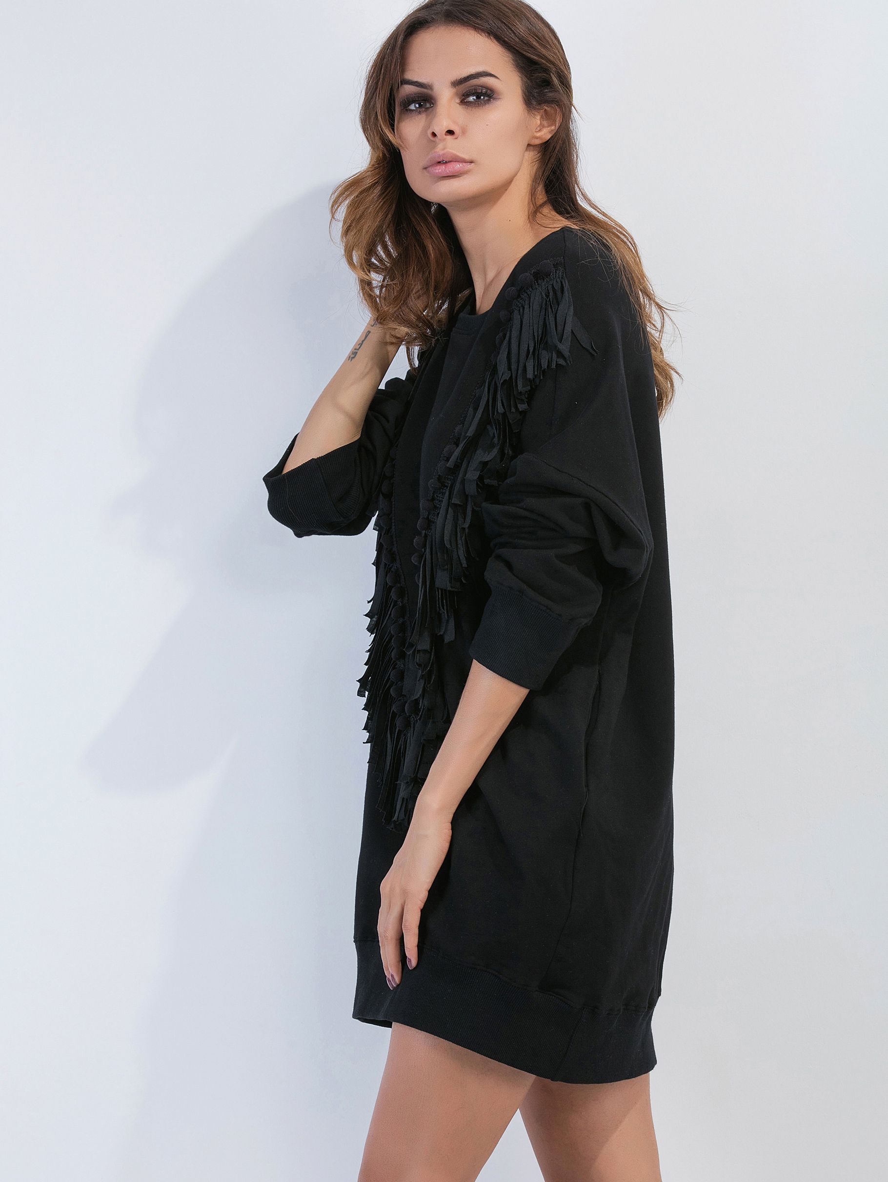 Black Drop Shoulder Fringe Pom Pom Trim Sweatshirt Dress