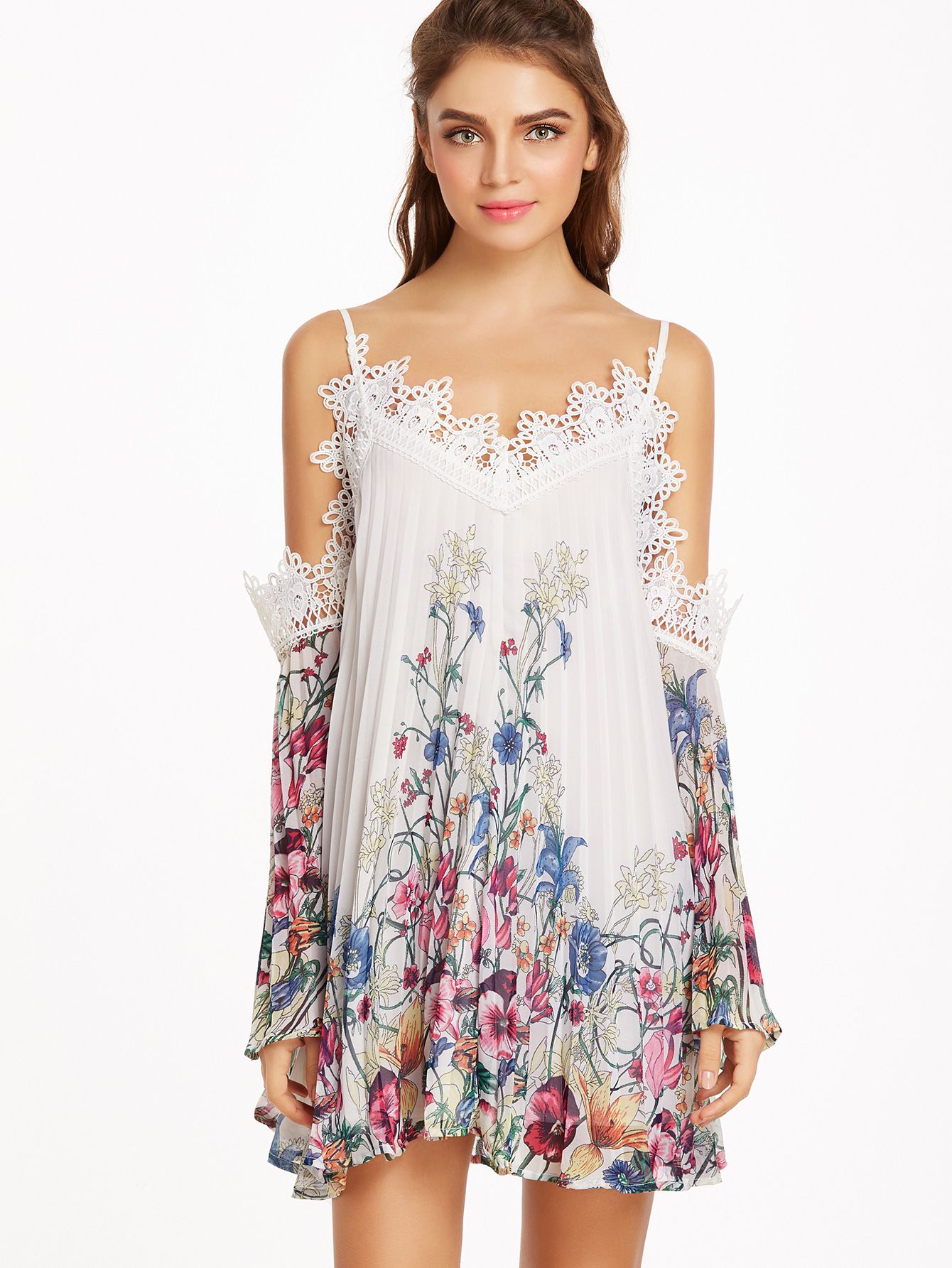 Multicolor Botanical Print Lace Trim Cold Shoulder Pleated Dress