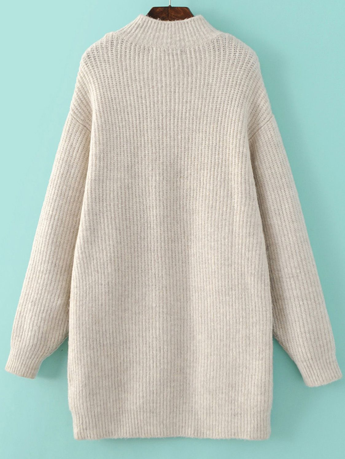 Beige Mock Neck Drop Shoulder Sweater Dress