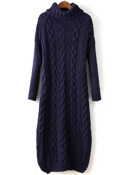 Navy Cable Knit Turtleneck Slit Maxi Sweater Dress
