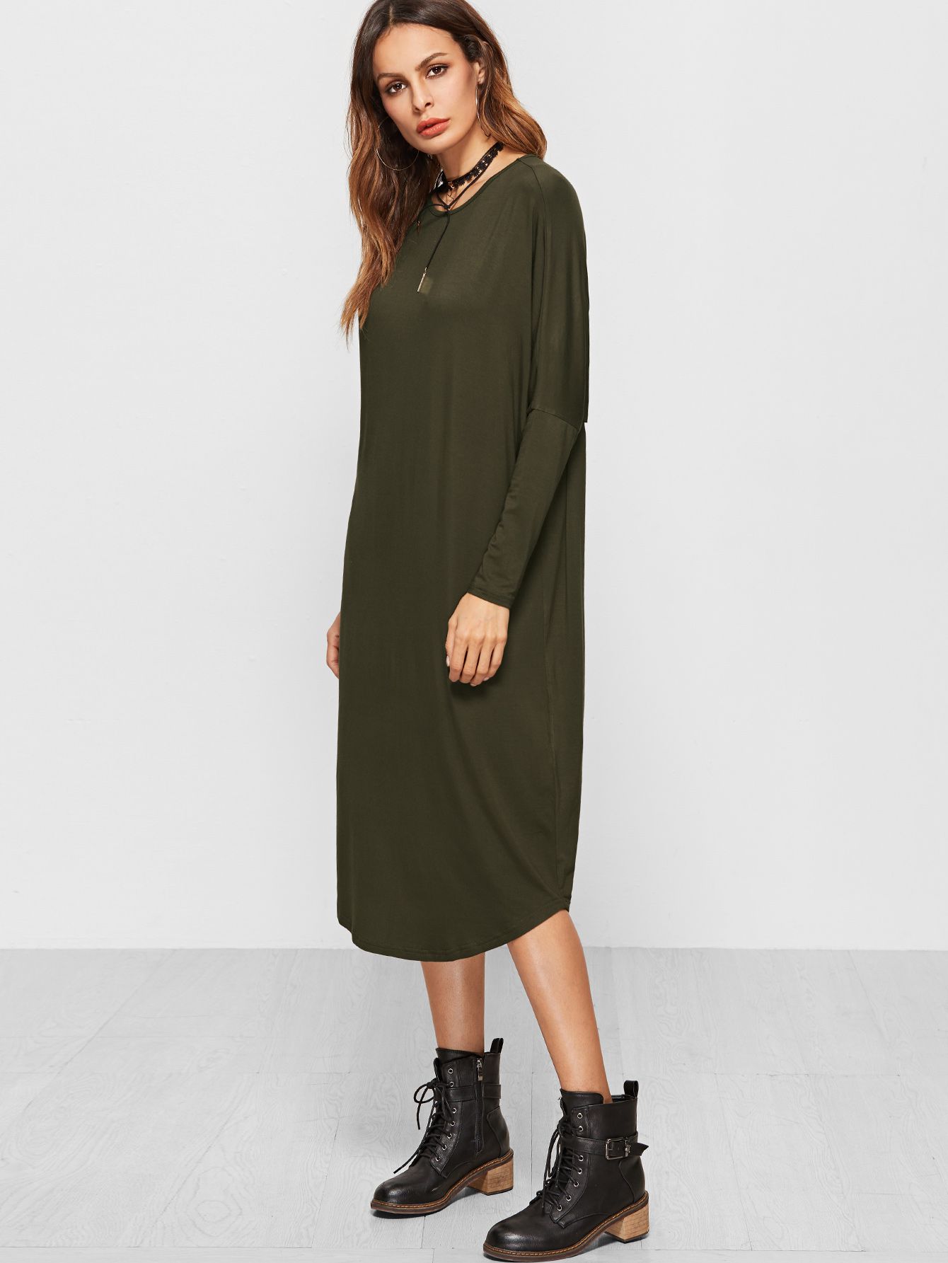 Olive Green Dolman Sleeve Curved Hem Tee Dress