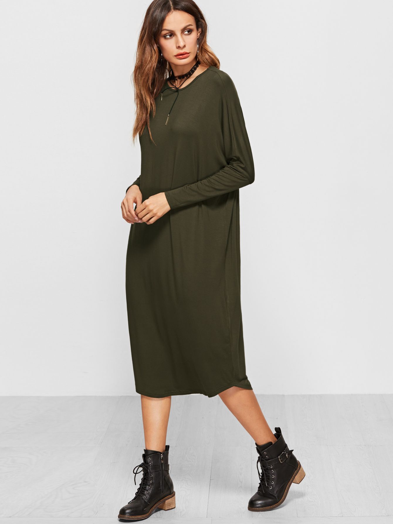 Olive Green Dolman Sleeve Curved Hem Tee Dress