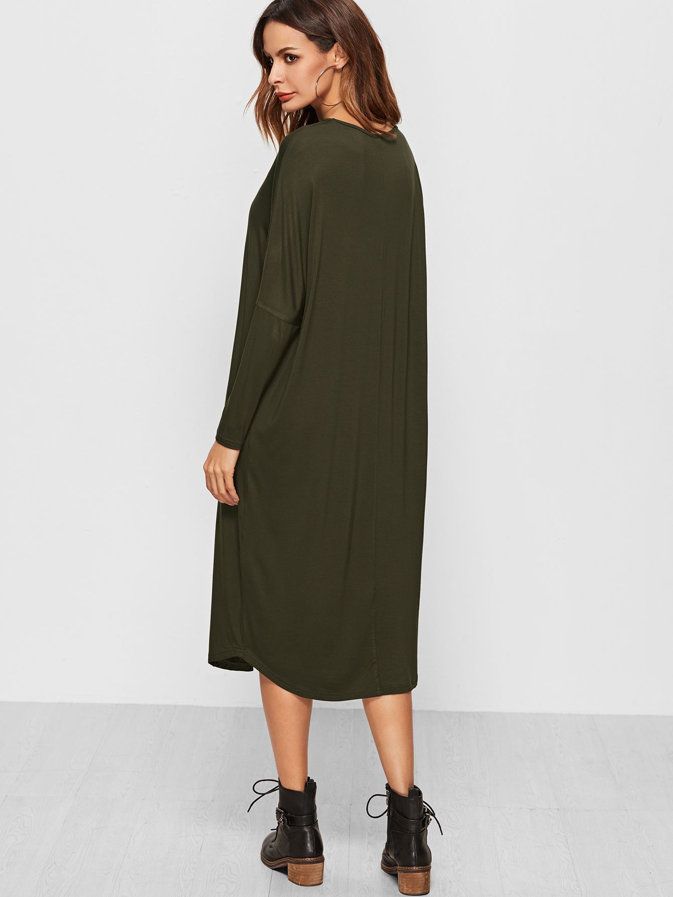 Olive Green Dolman Sleeve Curved Hem Tee Dress