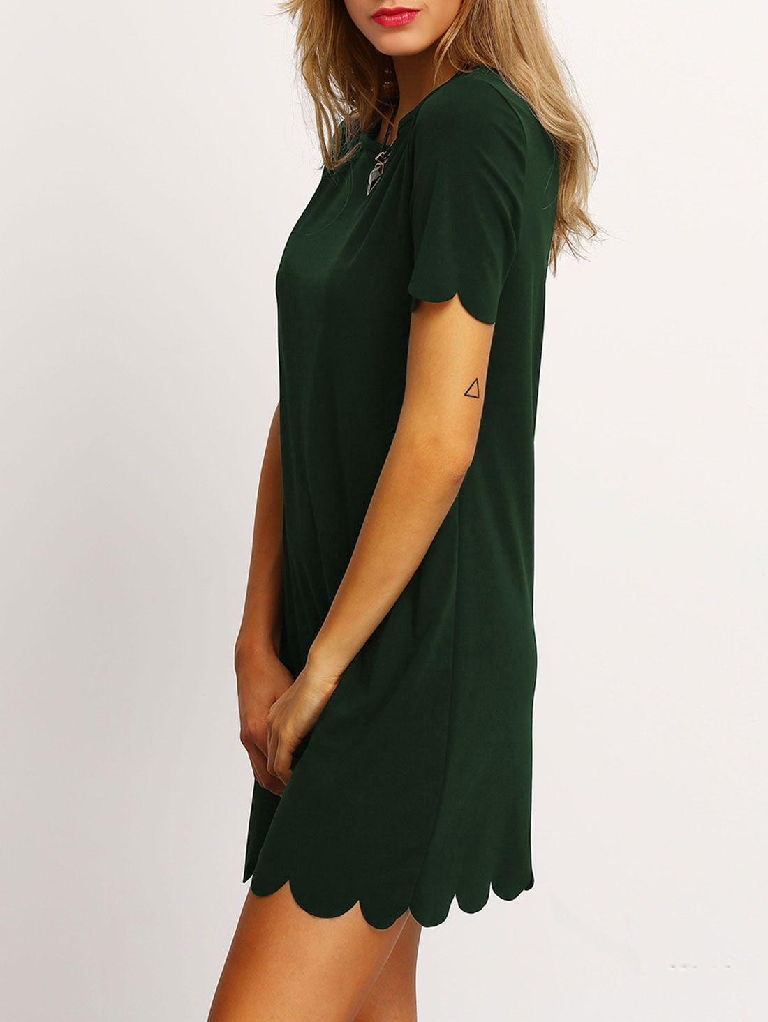 Dark Green Buttoned Keyhole Back Scallop Dress