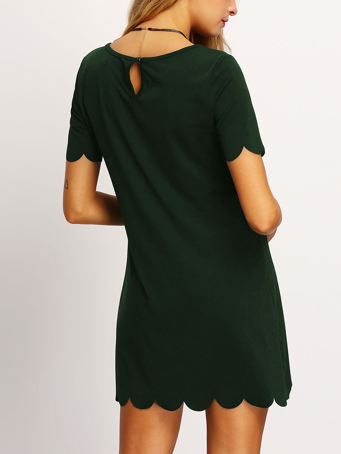 Dark Green Buttoned Keyhole Back Scallop Dress