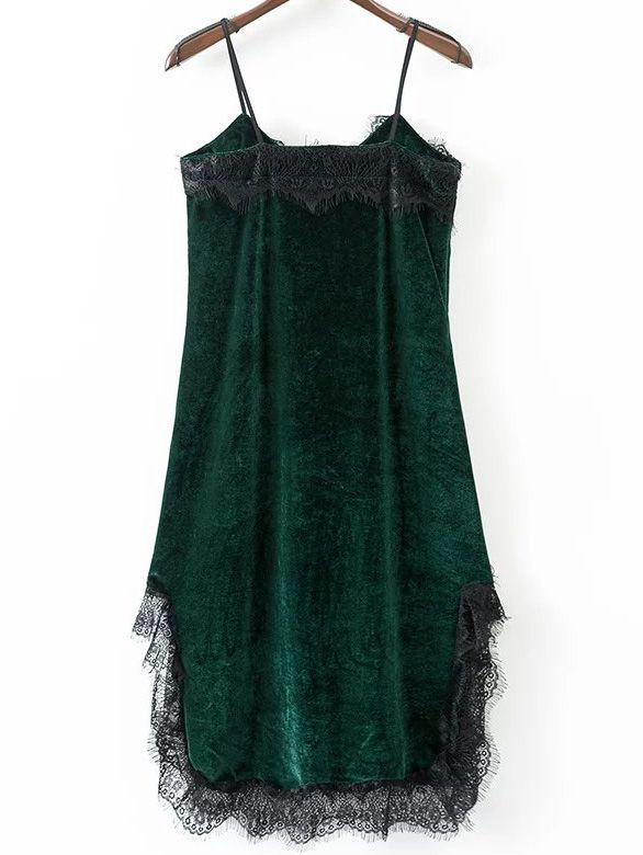 Green Eyelash Detail Velvet Cami Dress