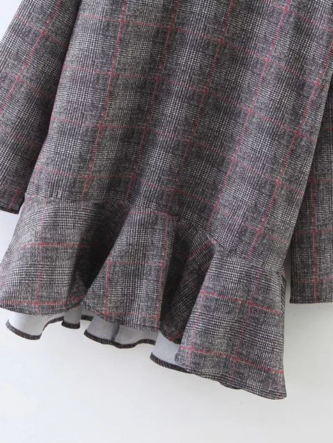 Grey Plaid Band Collar Drop Waist Dress