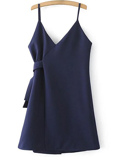 Navy Spaghetti Strap Side Tie Asymmetrical Dress