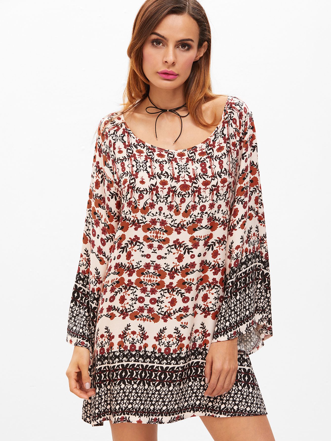 Multicolor Floral Print Kimono Sleeve Tunic Dress