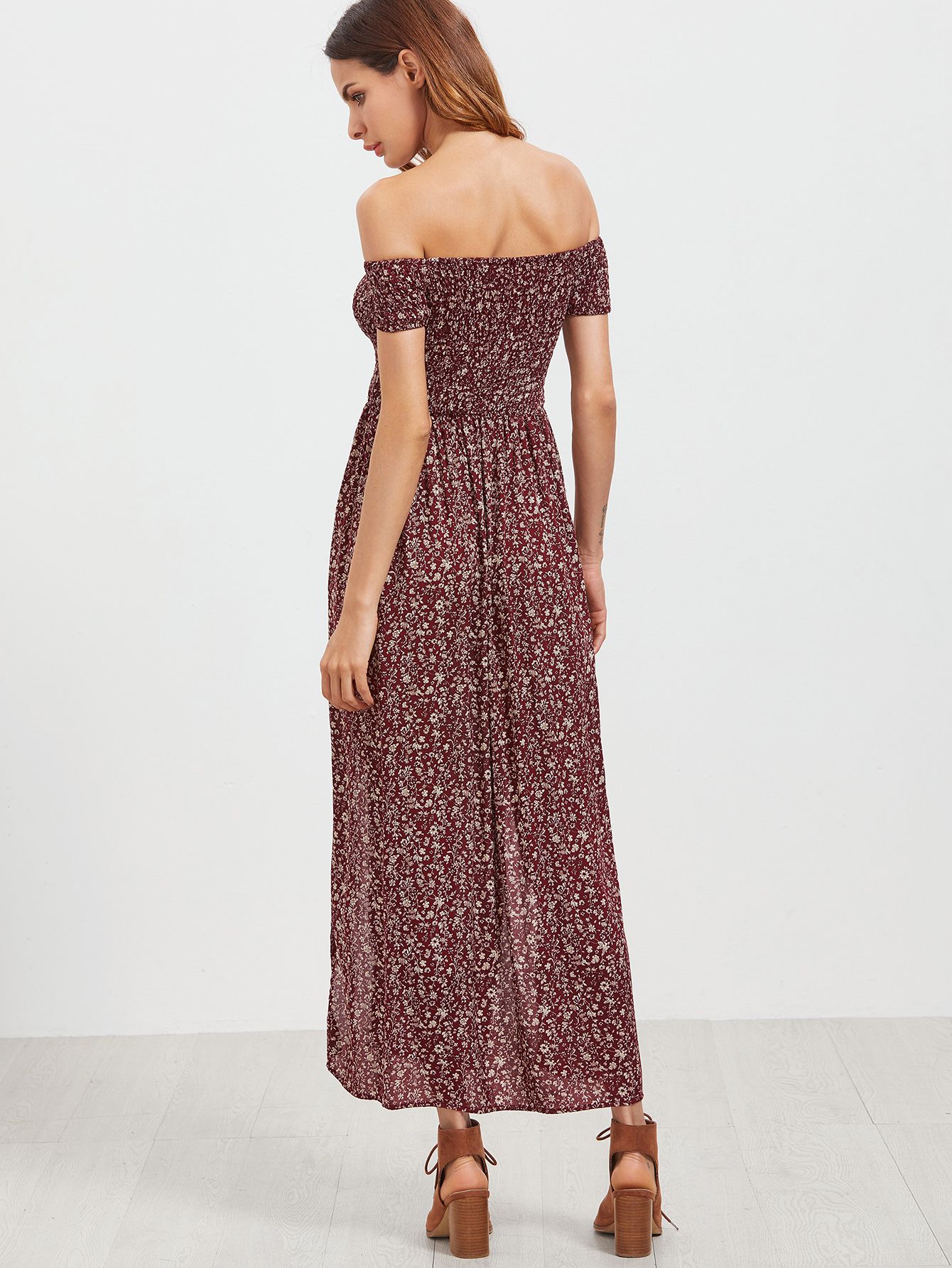 Shirred Off The Shoulder Slit Front Floral Dress