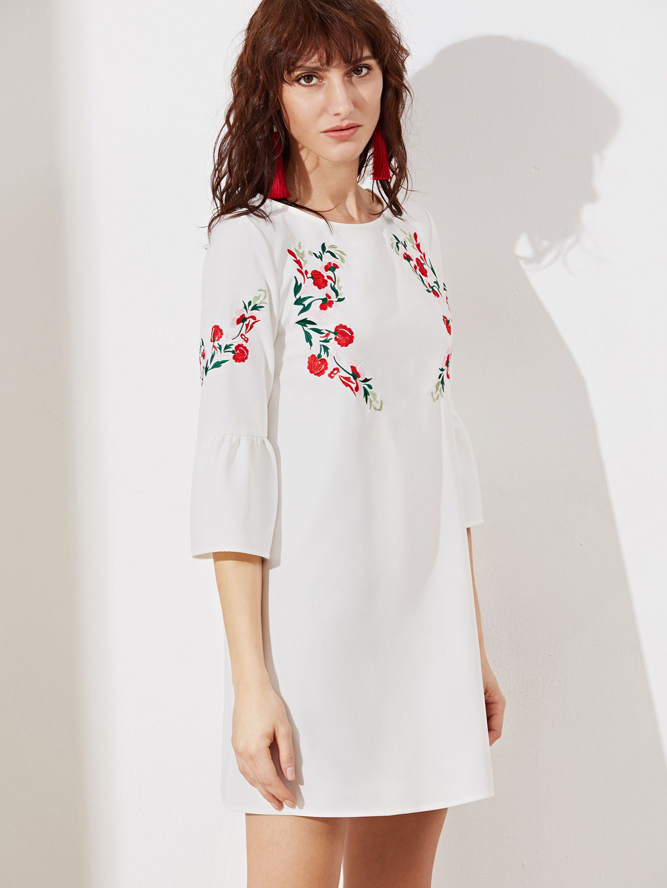 White Bell Sleeve Embroidered Tunic Dress