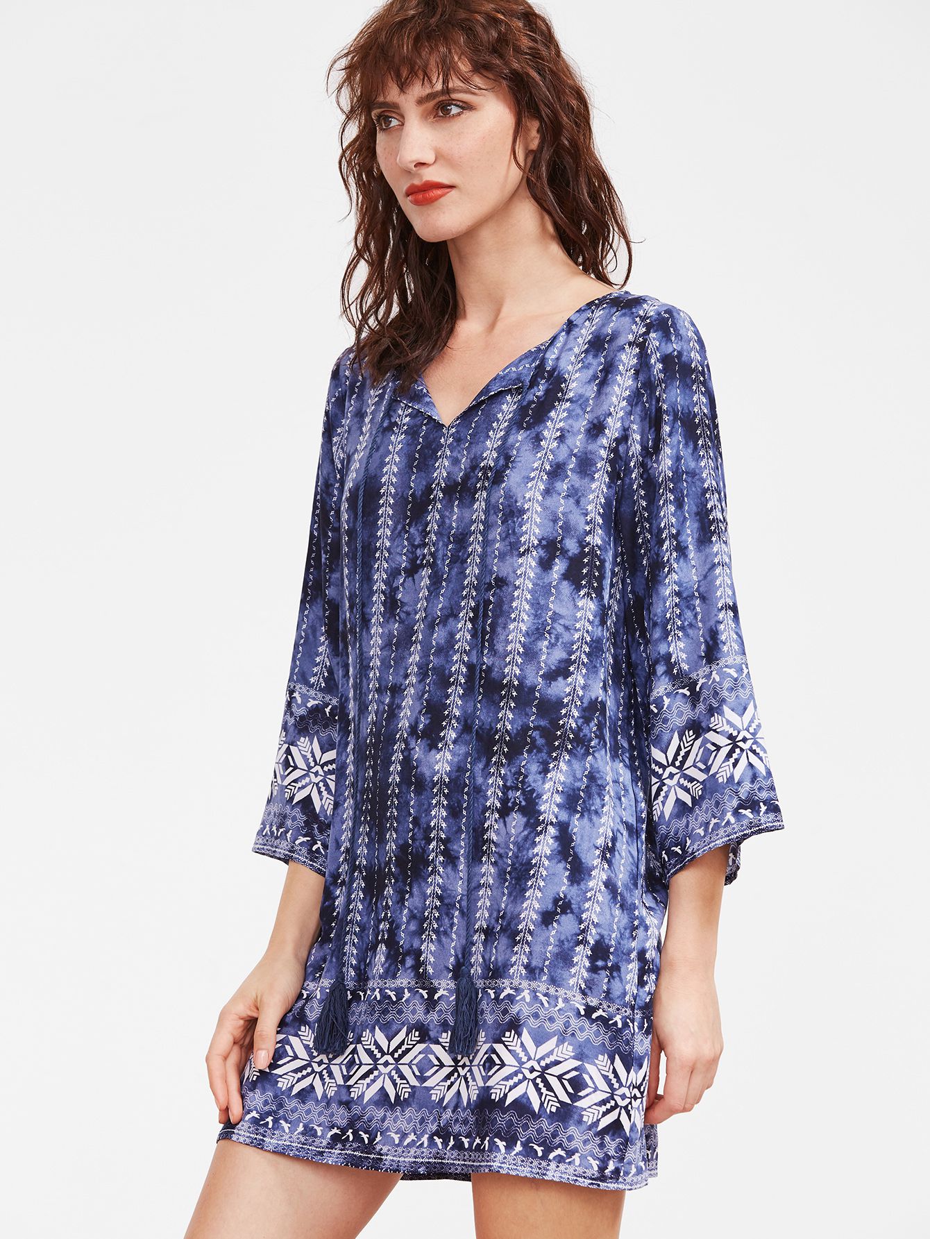 Blue Tie Dye Print Tassel Tie Neck 3/4 Sleeve Dress