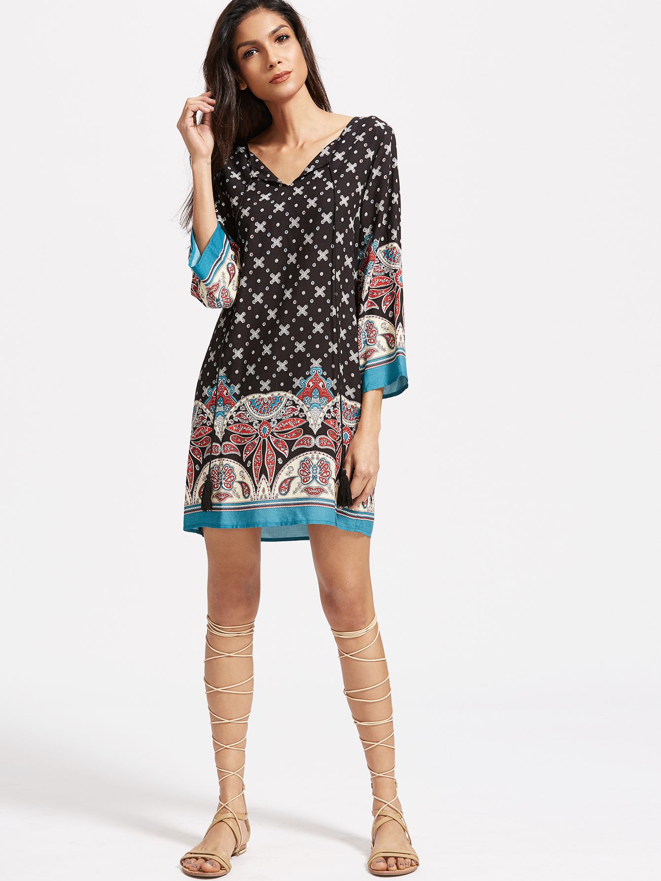 Black Ornate Print Tassel Tie Neck 3/4 Sleeve Tunic Dress