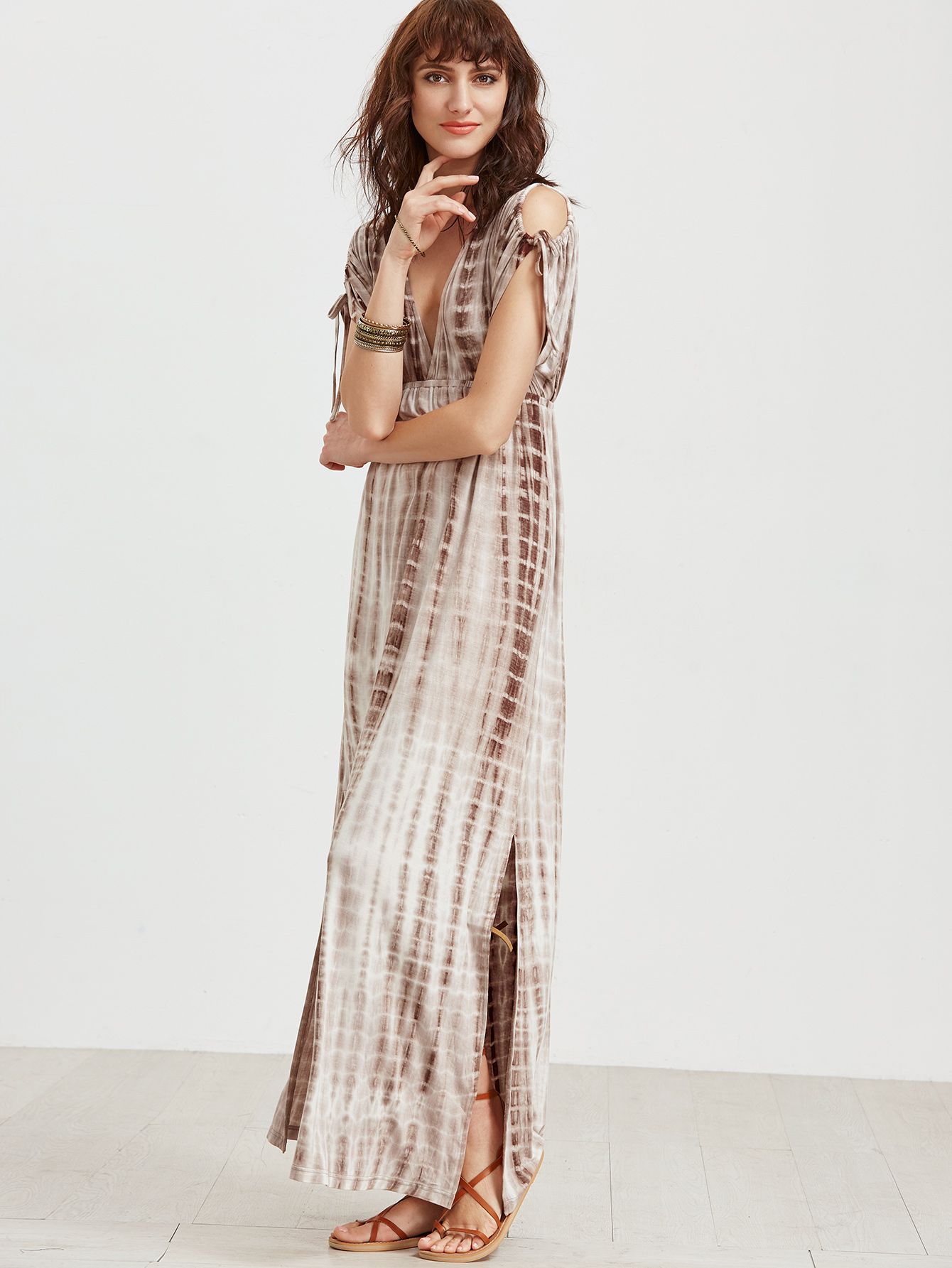 Coffee Tie Dye Print Double V Neck High Waist Dress