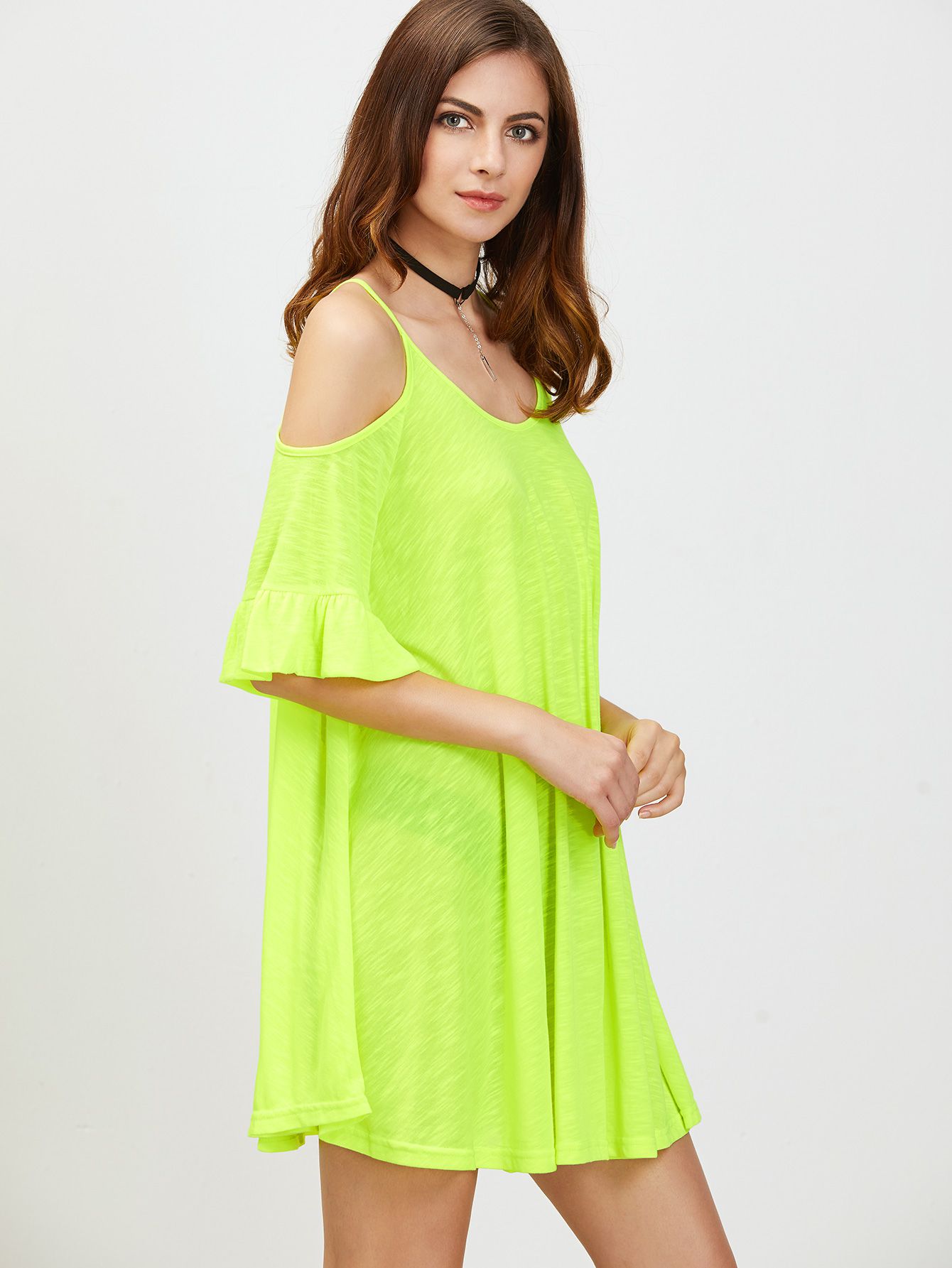 Neon Green Cold Shoulder Ruffle Cuff Dress