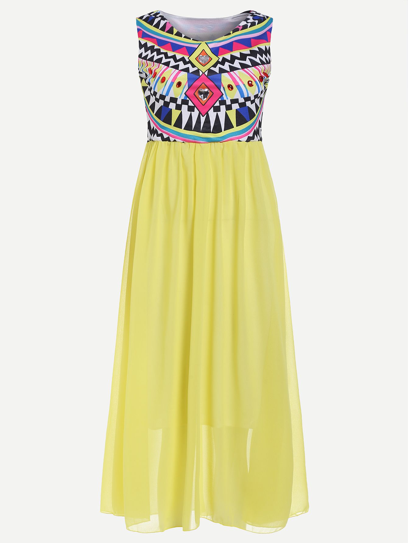 Yellow Geometric Print Sleeveless Dress