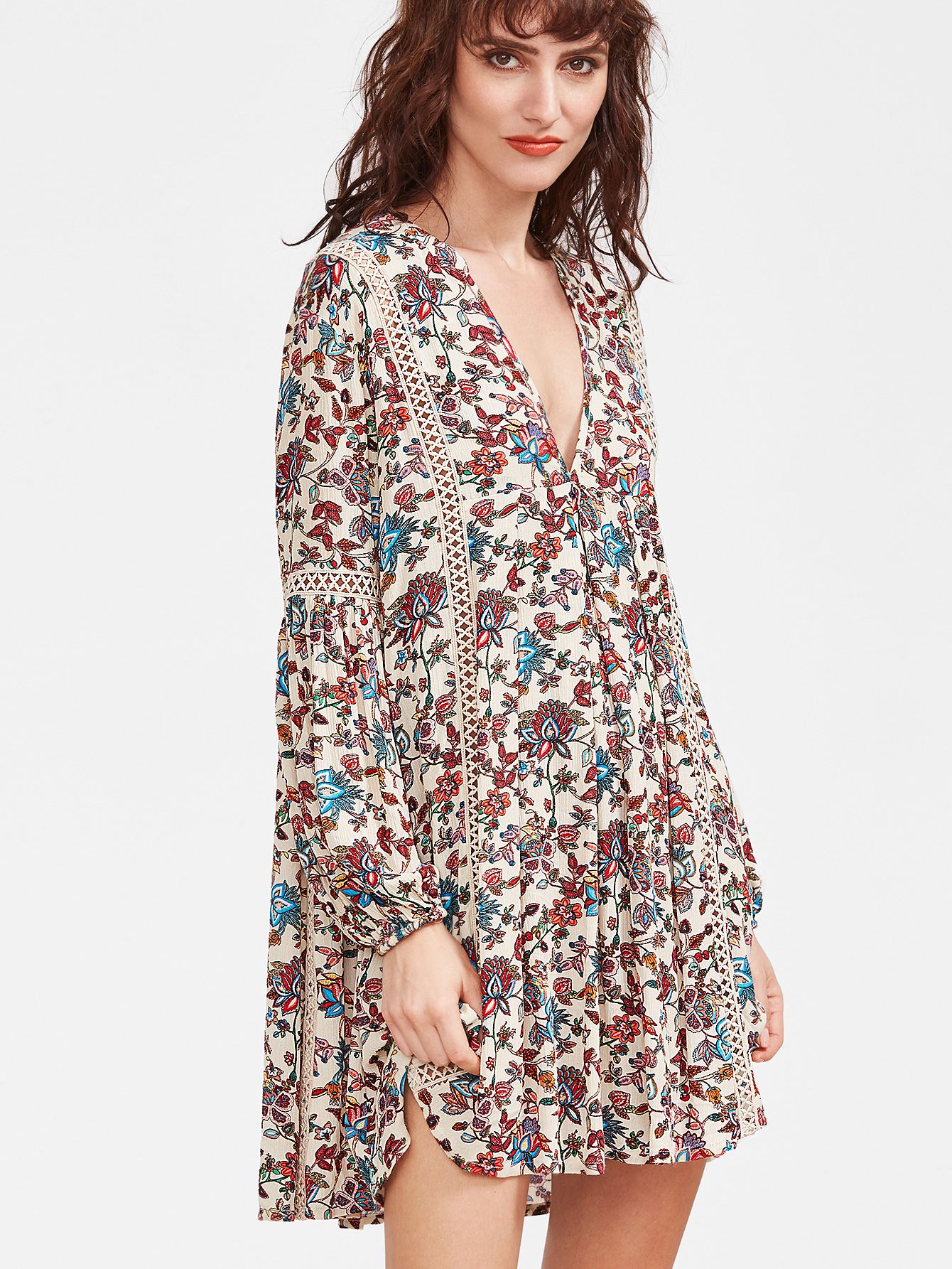 Multicolor Floral Print V Neck Crochet Insert Dress