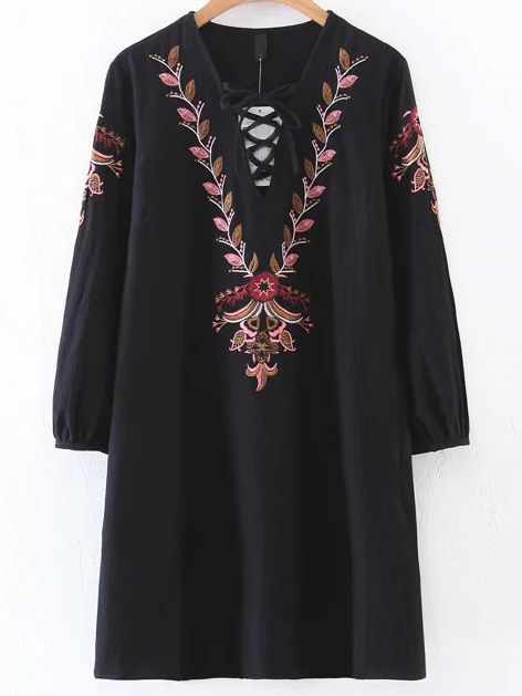 Black Embroidery Detail Lace Up V Neck Dress