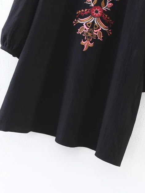 Black Embroidery Detail Lace Up V Neck Dress