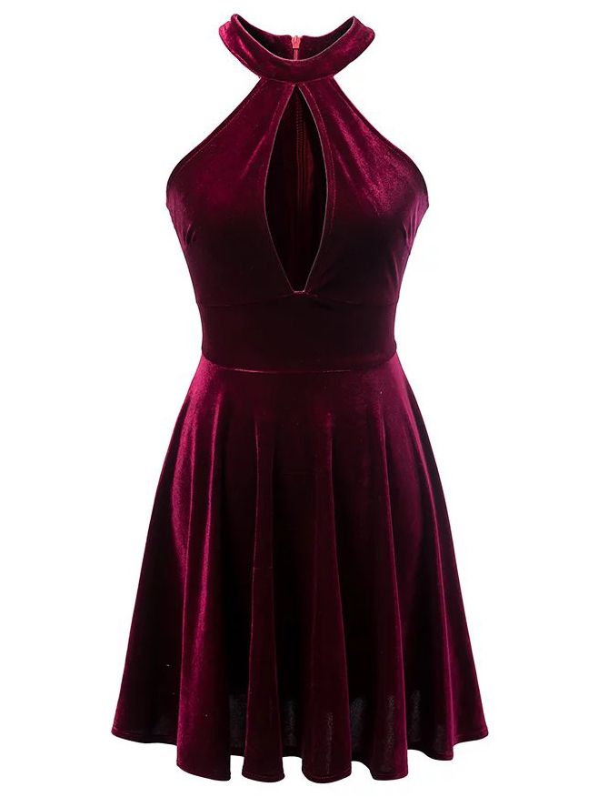 Burgundy Halter Keyhole Velvet A Line Dress