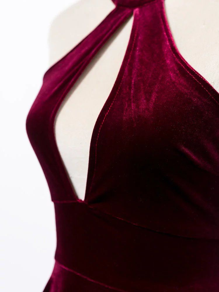 Burgundy Halter Keyhole Velvet A Line Dress