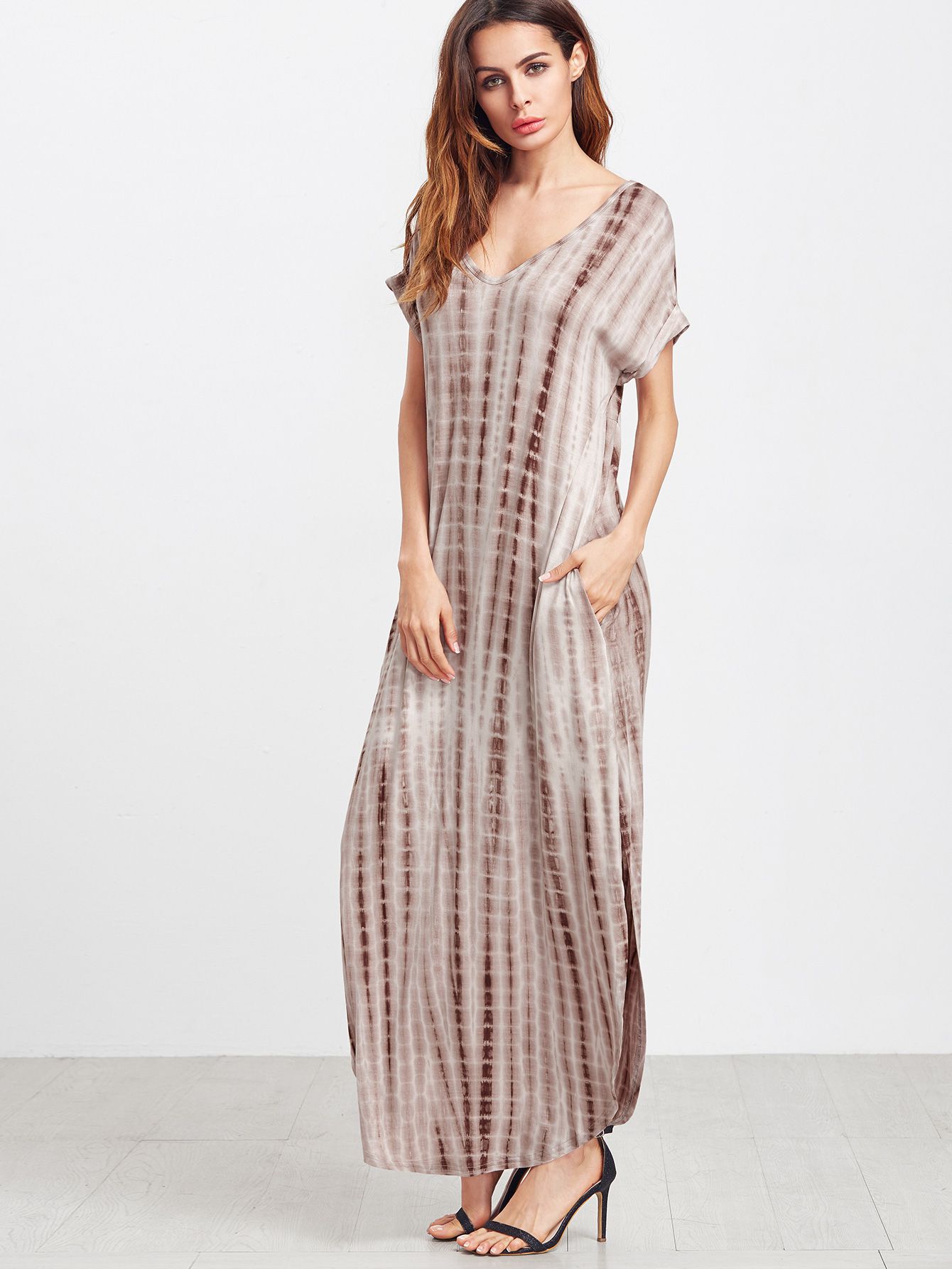 Coffee Tie Dye Print Split Curved Hem Maxi Dress