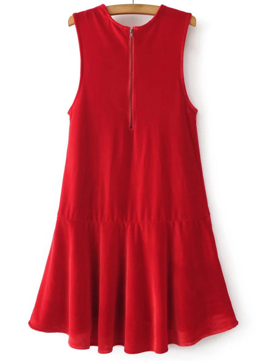 Red Keyhole Zipper Back Drop Waist Velvet Dress