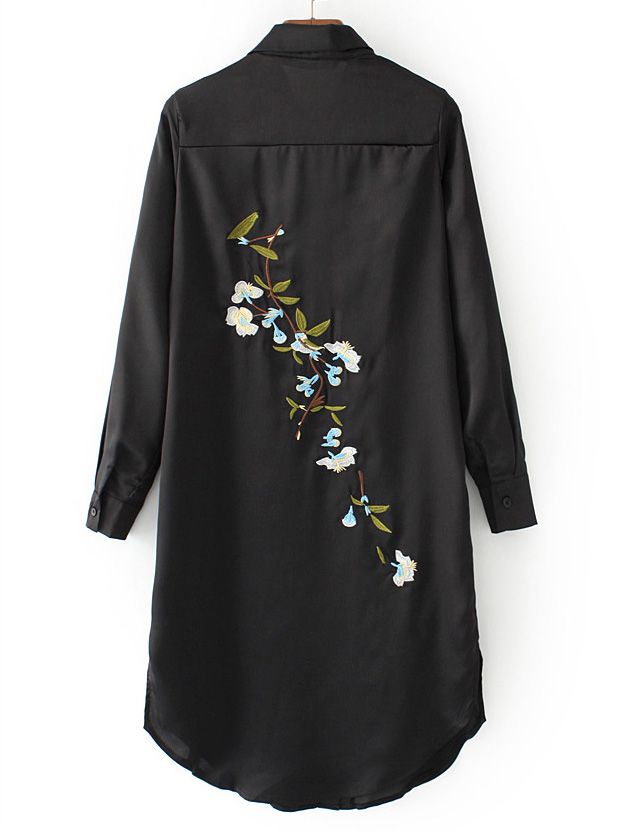 Black Embroidered Back Slit Side Shirt Dress