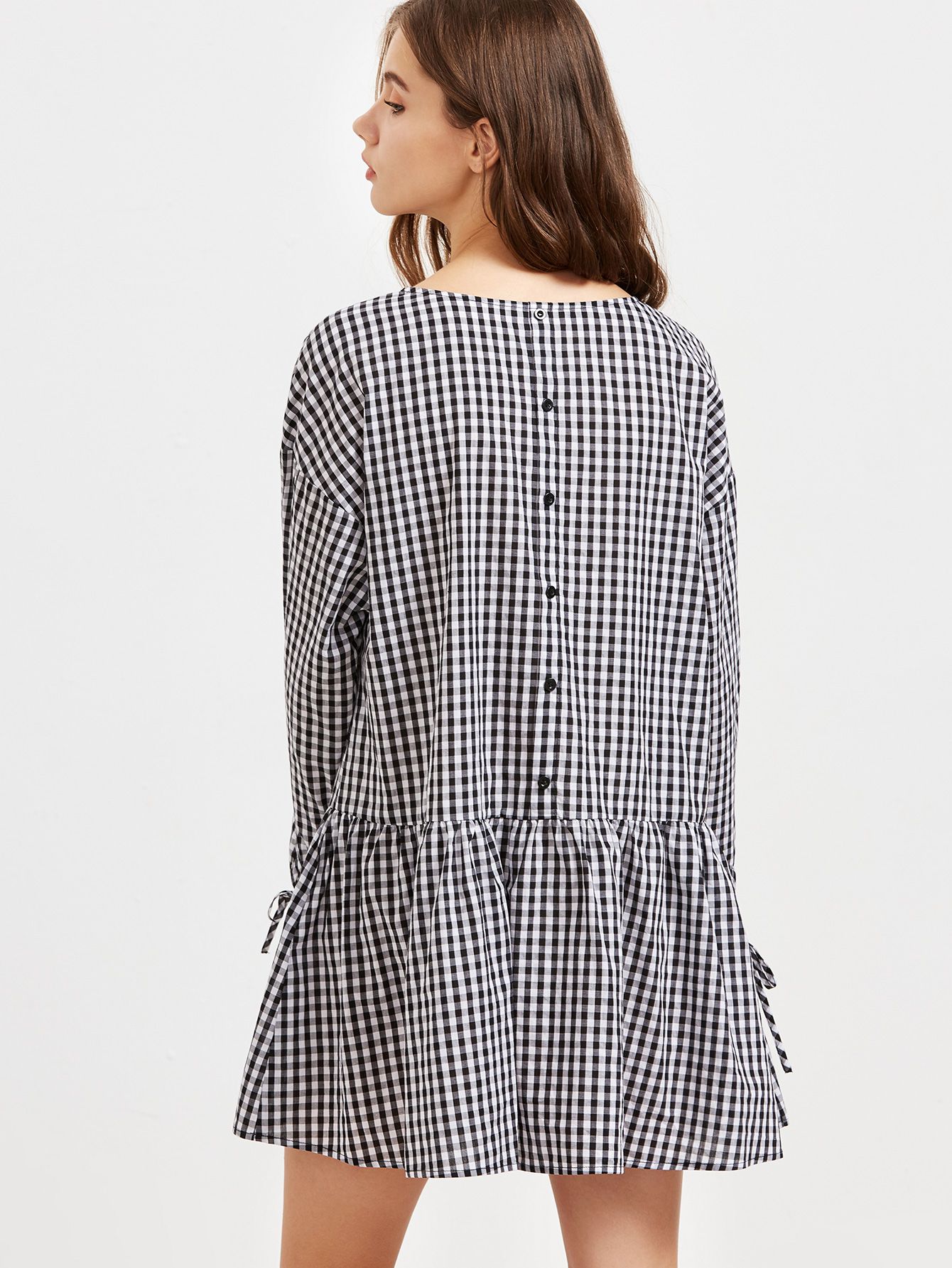 Black And White Checkered Tie Sleeve Ruffle Hem Dress