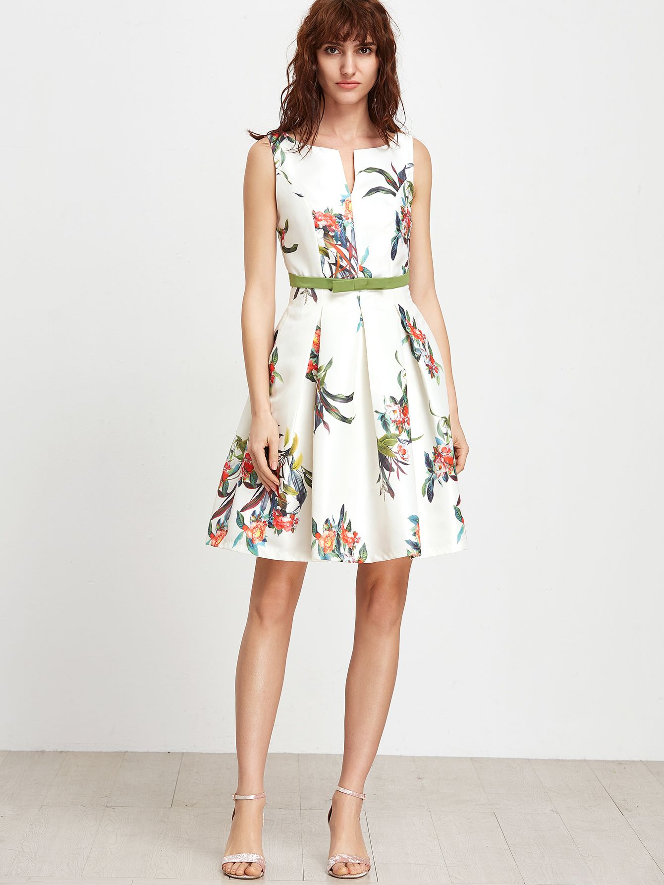 White Floral Sleeveless Open Back A Line Dress