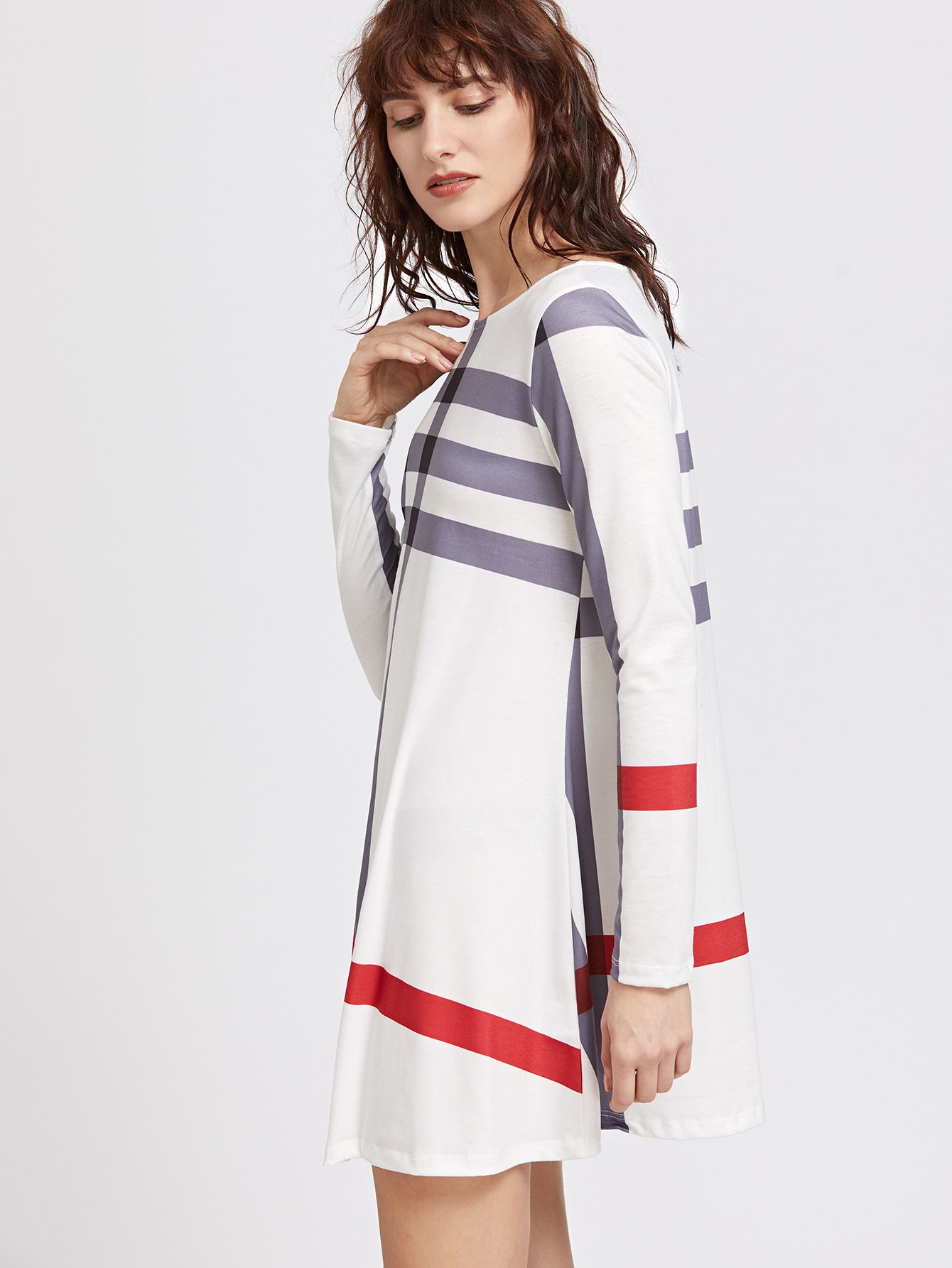 White Striped Long Sleeve Tee Dress