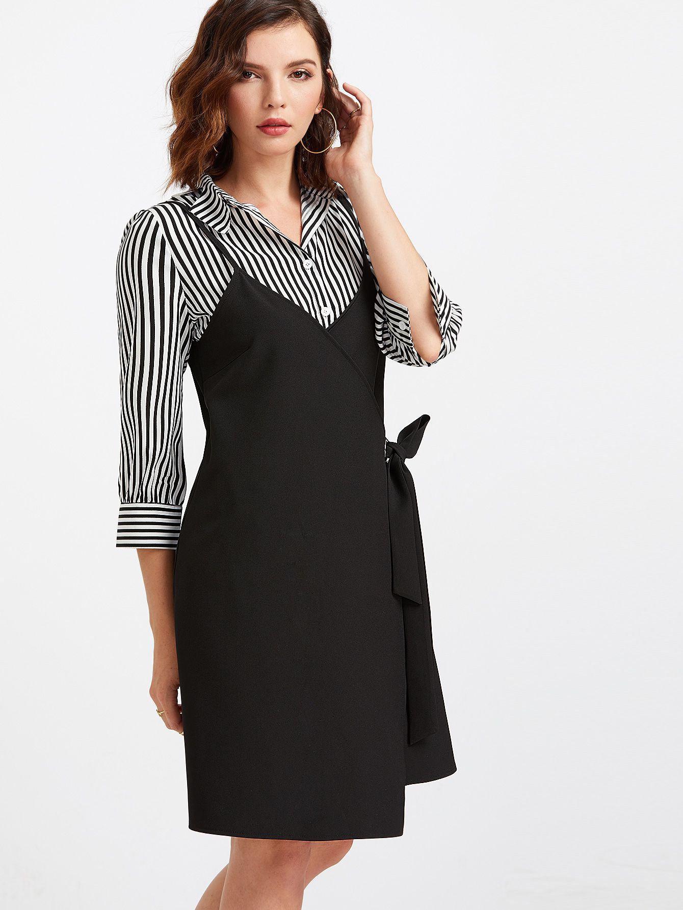 Black Spaghetti Strap Wrap Dress With Striped Blouse