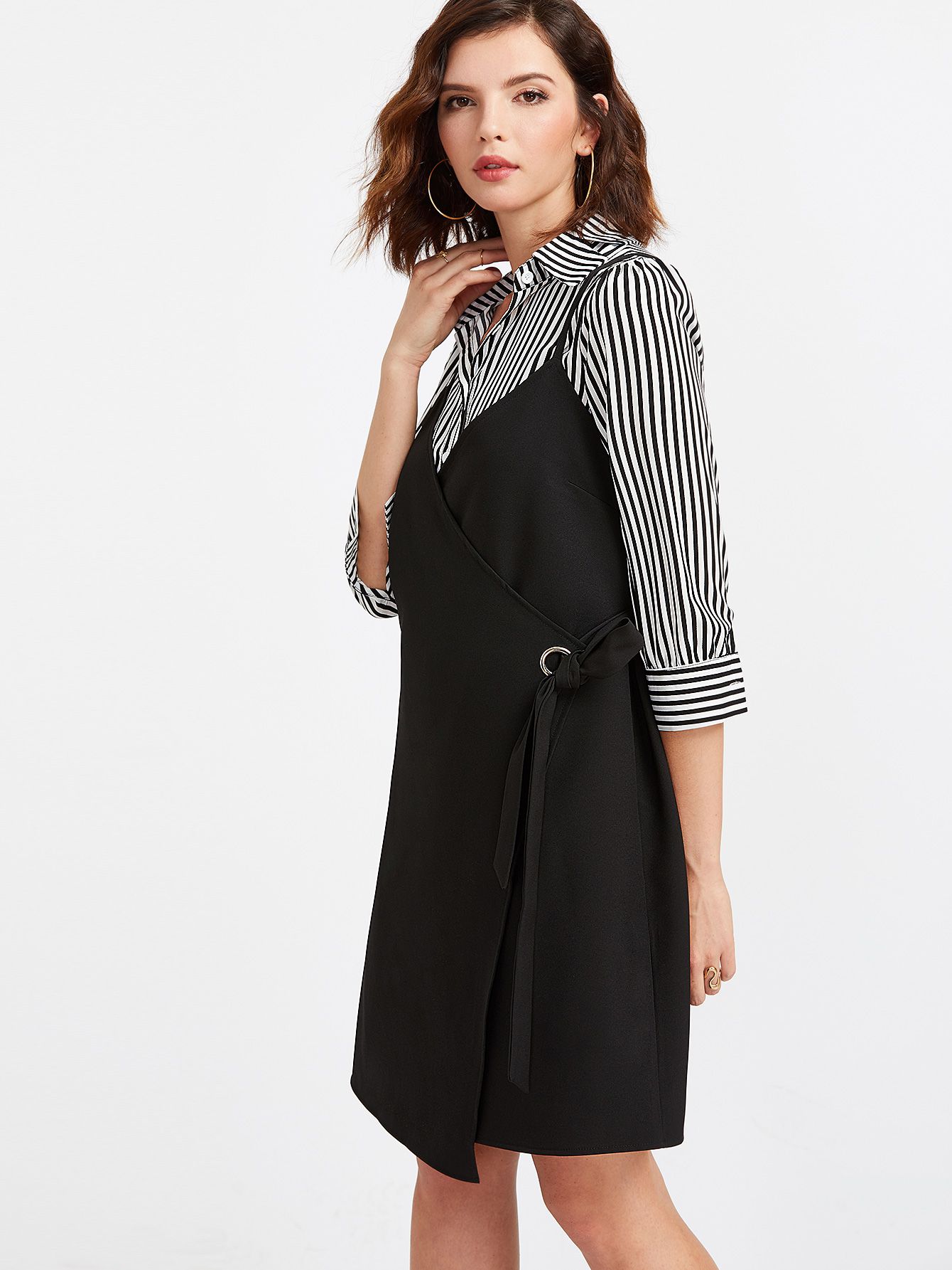 Black Spaghetti Strap Wrap Dress With Striped Blouse