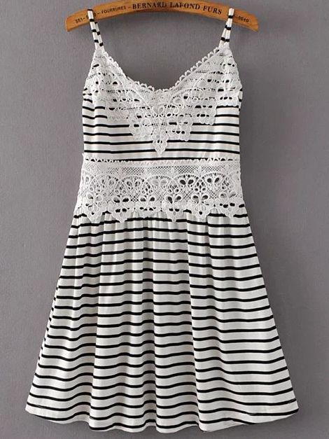 Black And White Striped Crochet Trim Cami Dress