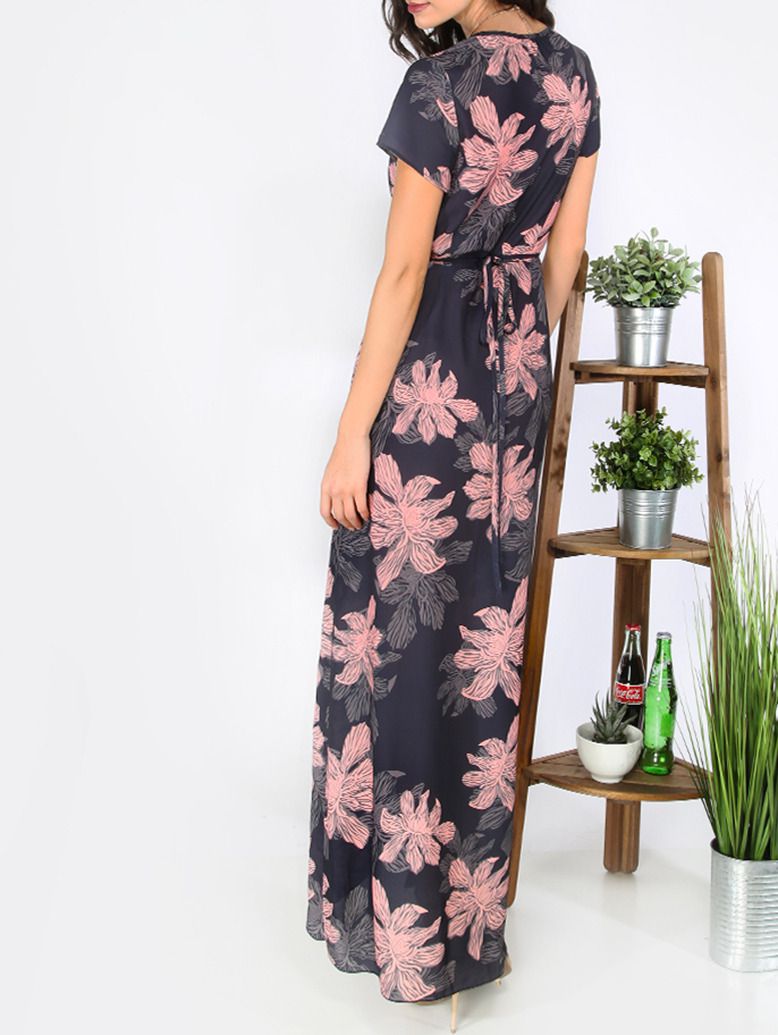 Multicolor Print Tie Waist Split Maxi Dress